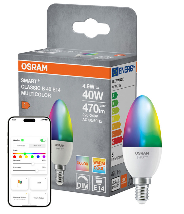 Osram SMART+ Matter Multicolor kronelyspære E14 4,9 W
